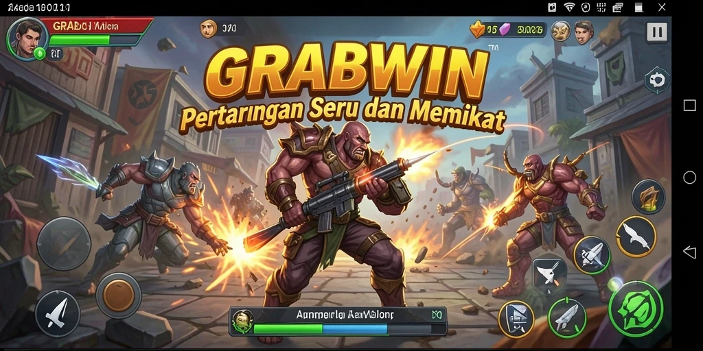 Tangkapan layar GRABWIN yang menunjukkan pertarungan epik antar karakter.