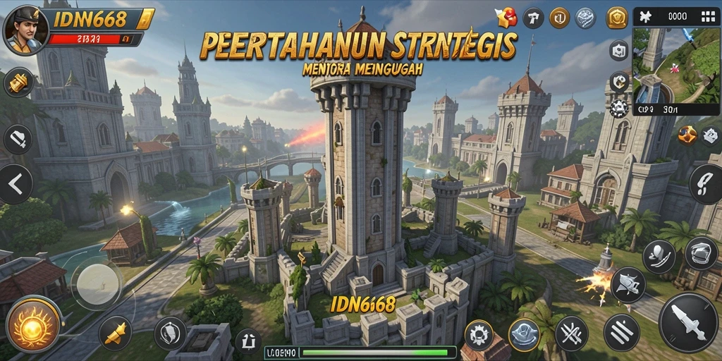Screenshot utama IDN668 menampilkan aksi pertahanan menara yang seru.