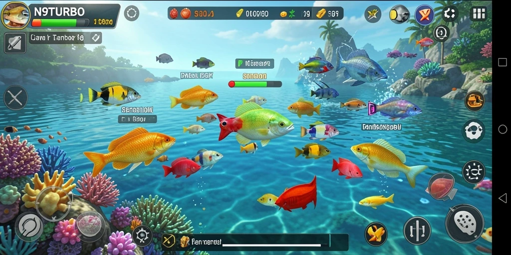 Tampilan gameplay seru N9TURBO saat menangkap berbagai jenis ikan.