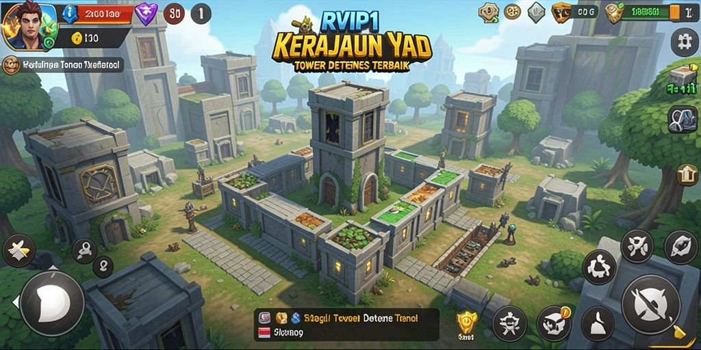 Screenshot gameplay RVIP1 yang menunjukkan menara berfungsi di Tower Defense.
