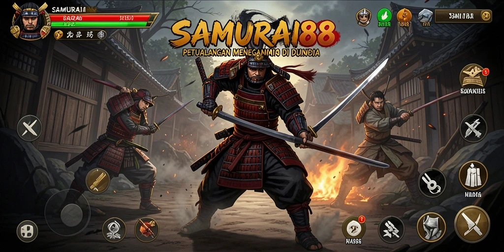 Screenshot gameplay SAMURAI88 menampilkan pertarungan epik dan pemandangan indah.