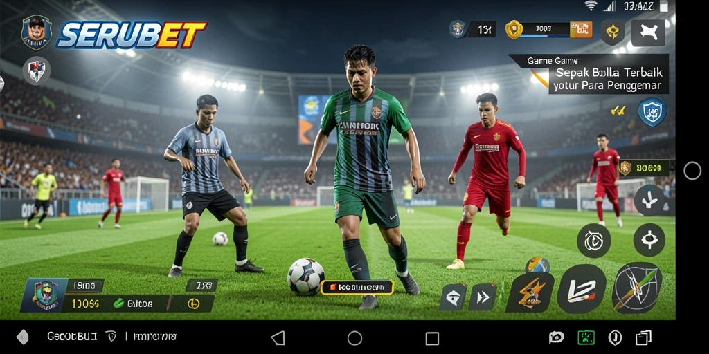 Tampilan gameplay SERUBET dengan aksi pemain sepak bola yang seru.